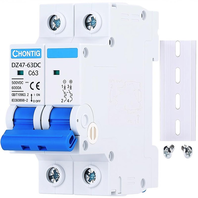 CHONTIG قاطع دائرة صغير 63 أمبير DC 500 فولت 2 قطب، مفتاح فصل الطاقة الشمسية PV مع رحلة حرارية مغناطيسية، عازل تركيب على سكة DIN C63 - Image 1